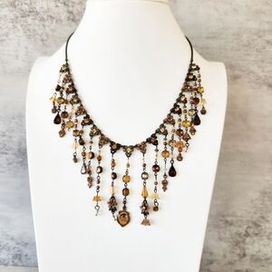 Cameo Bib Beaded Rhinestone Elegant Special Occasion Necklace Yellow Brown